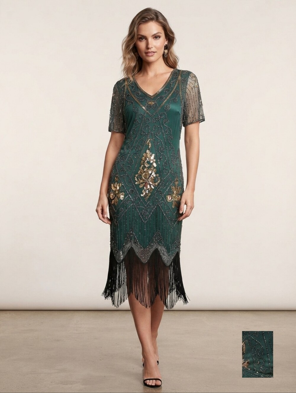 New Women's Green Beaded Fringe V-Neck Evening Summer Cocktail Dress Large